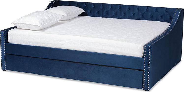 Wholesale Interiors Daybeds - Raphael Navy Blue Velvet Fabric Upholstered Queen Size Daybed with Trundle