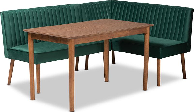 Wholesale Interiors Dining Sets - Alvis Emerald Green Velvet Upholstered and Walnut Brown Finished Wood 3-Piece Dining Nook Set