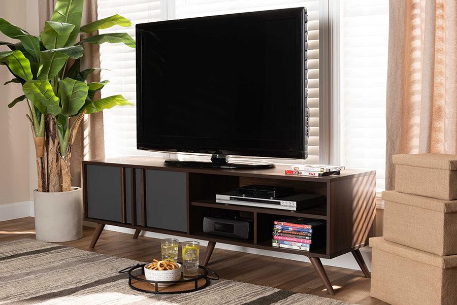 Wholesale Interiors TV & Media Units - Naoki Modern and Contemporary Two-Tone Grey and Walnut Finished Wood 2-Door TV Stand