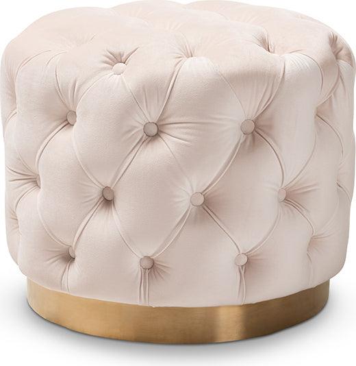Wholesale Interiors Ottomans & Stools - Valeria Glam Light Beige Velvet Gold-Finished Button Tufted Ottoman