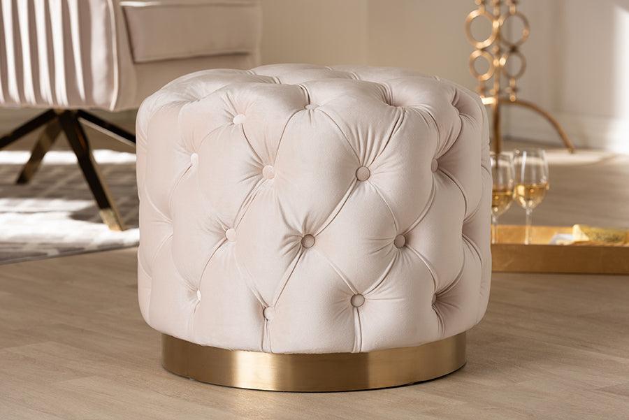 Wholesale Interiors Ottomans & Stools - Valeria Glam Light Beige Velvet Gold-Finished Button Tufted Ottoman