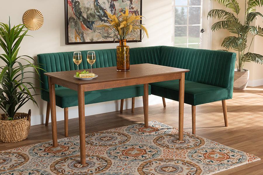 Wholesale Interiors Dining Sets - Alvis Emerald Green Velvet Upholstered and Walnut Brown Finished Wood 3-Piece Dining Nook Set