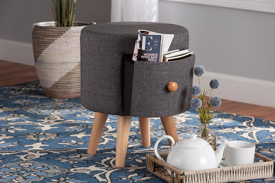 Wholesale Interiors Ottomans & Stools - Rocco Modern Transitional Dark Grey Fabric and Brown Wood 1-Drawer Ottoman Stool