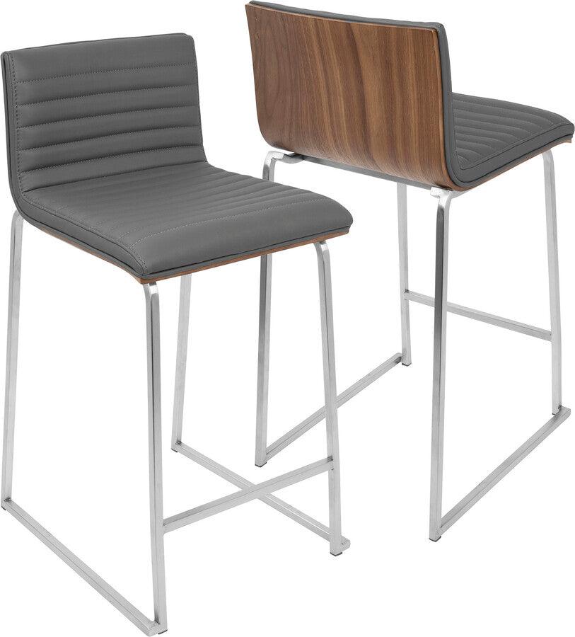 Lumisource Barstools - Mara 26" Contemporary Counter Stool in Brushed Stainless Steel, Walnut Wood, and Grey Faux Leather