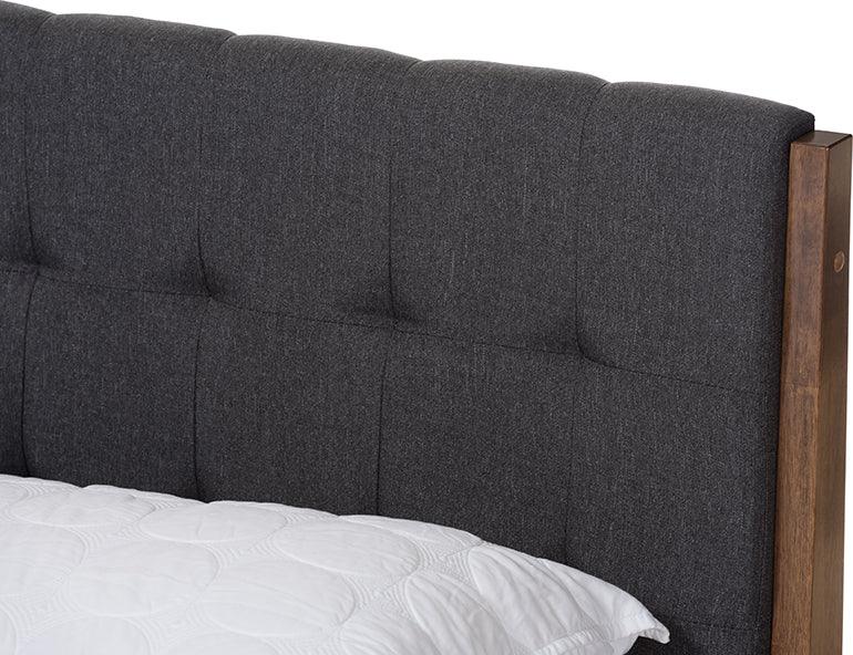 Wholesale Interiors Beds - Clifford Mid-Century Dark Grey Fabric and Medium Brown Finish Wood King Size Platform Bed