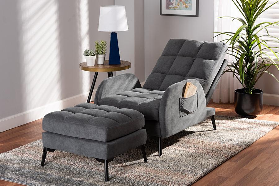 Wholesale Interiors Living Room Sets - Belden Grey Velvet Fabric Upholstered and Black Metal 2-Piece Recliner Chair and Ottoman Set