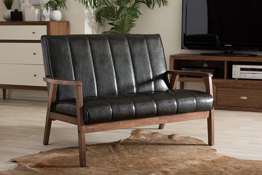 Wholesale Interiors Loveseats - Nikko Mid-century Modern Black Faux Leather Wooden 2-Seater Loveseat