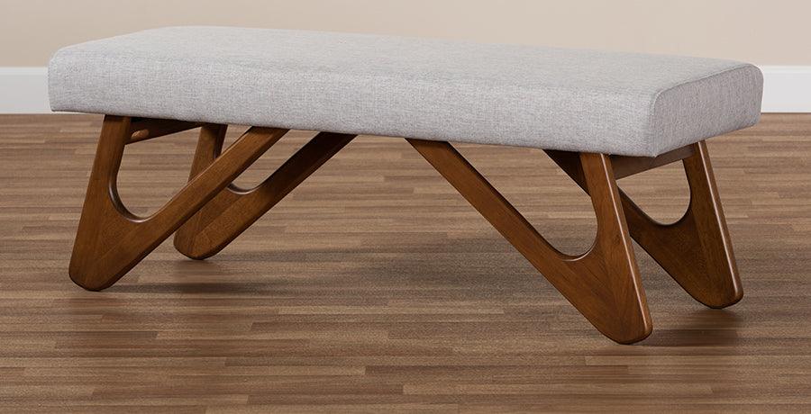 Wholesale Interiors Benches - Rika Mid-Century Modern Greyish Beige Fabric Walnut Brown Boomerang Bench