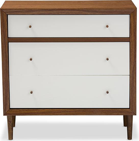 Wholesale Interiors Chest of Drawers - Harlow Mid-century Modern Scandinavian Style White and Walnut Wood 3-drawer Chest