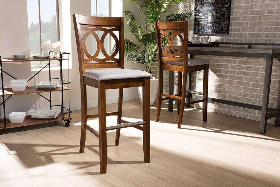 Wholesale Interiors Barstools - Carson Modern and Contemporary Grey Fabric Upholstered and Walnut Brown Finished Wood