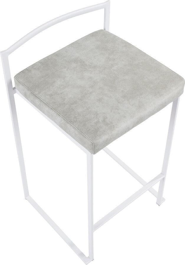 Lumisource Barstools - Fuji Stackable Counter Stool in White with Light Grey Cowboy Fabric Cushion - Set of 2