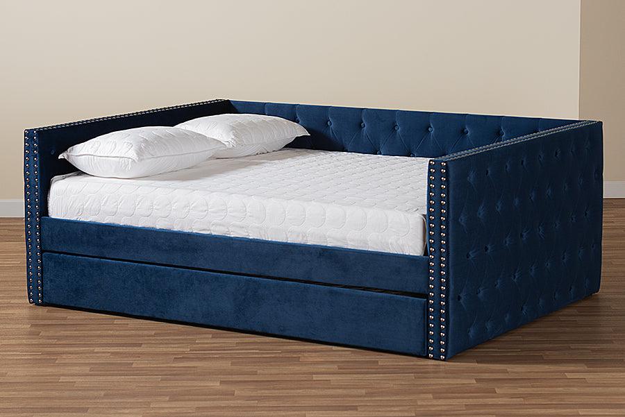 Wholesale Interiors Daybeds - Larkin Navy Blue Velvet Fabric Upholstered Queen Size Daybed with Trundle