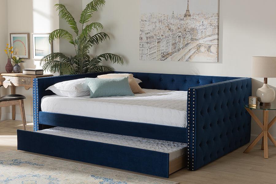Wholesale Interiors Daybeds - Larkin Navy Blue Velvet Fabric Upholstered Full Size Daybed with Trundle