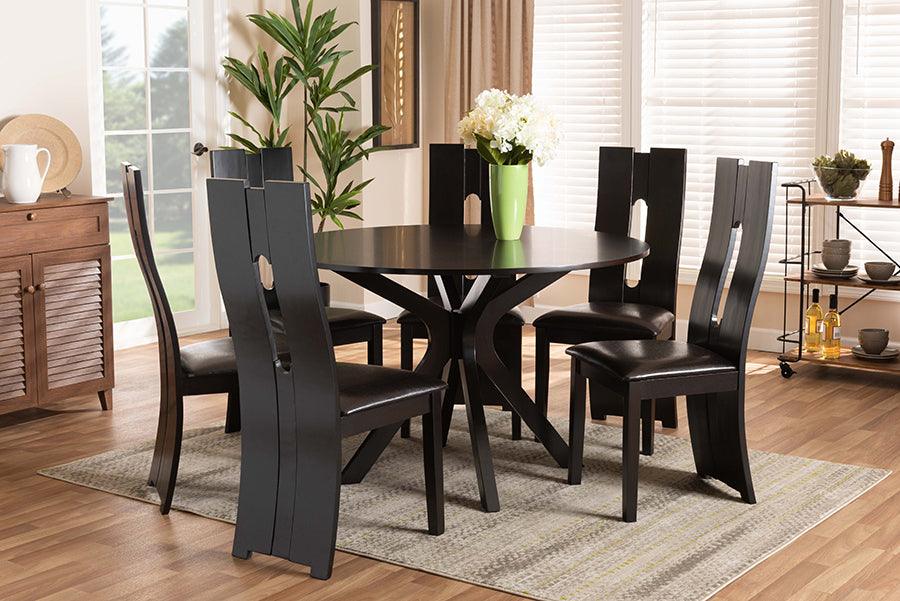 Wholesale Interiors Dining Sets - Kenyon Dark Brown Faux Leather Upholstered and Dark Brown Finished Wood 7-Piece Dining Set