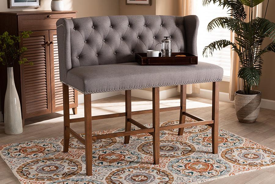 Wholesale Interiors Barstools - Alira Modern and Grey Fabric Upholstered Walnut Finished Wood Button Tufted Bar Stool Bench