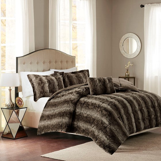 Olliix.com Comforters & Blankets - 4PC Faux Fur Comforter Set Brown King