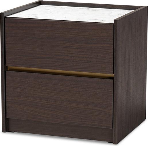 Wholesale Interiors Nightstands & Side Tables - Walker Dark Brown and Gold Finished Wood Nightstand with Faux Marble Top