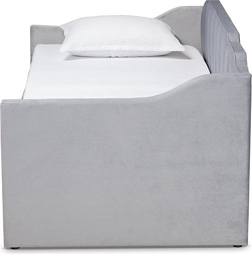 Wholesale Interiors Daybeds - Lennon Grey Velvet Fabric Upholstered Twin Size Daybed with Trundle