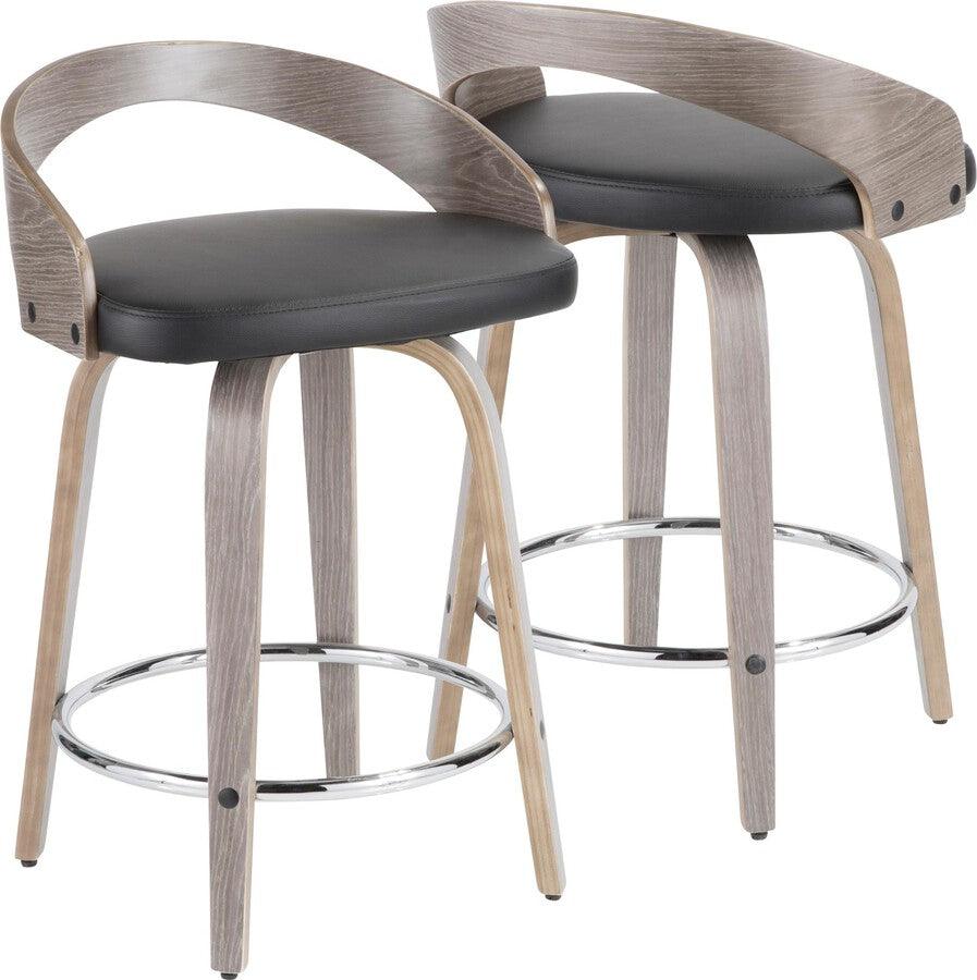 Lumisource Barstools - Grotto Mid-Century Modern Counter Stool with Light Grey Wood and Black Faux Leather - Set of 2