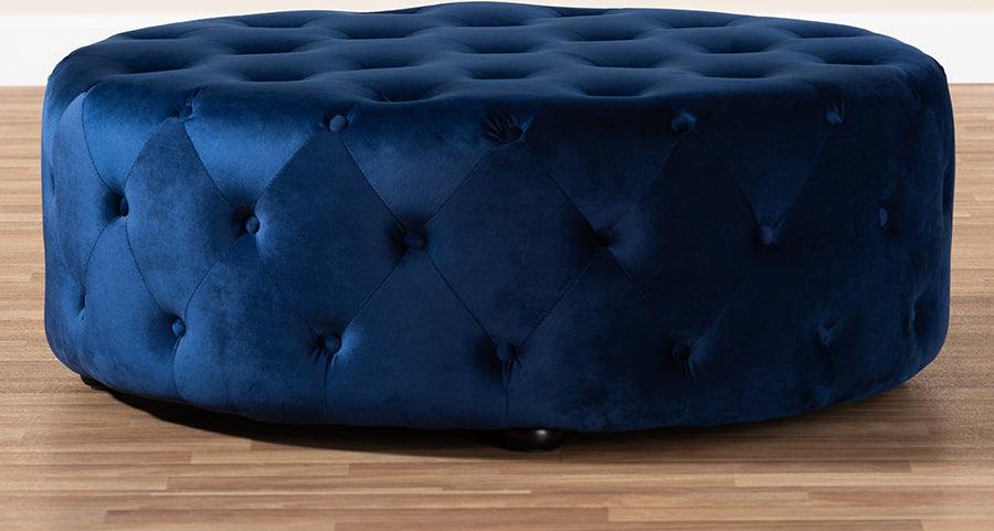 Wholesale Interiors Ottomans & Stools - Cardiff Transitional Royal Blue Velvet Fabric Upholstered Button Tufted Cocktail Ottoman