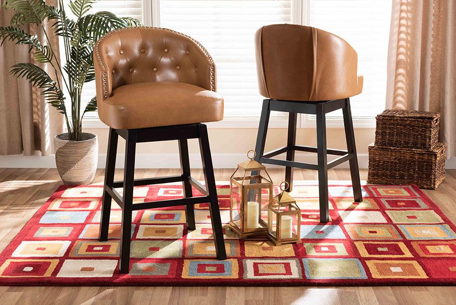 Wholesale Interiors Barstools - Theron Tan Faux Leather Upholstered and Dark Brown Finished Wood 2-Piece Swivel Bar Stool Set