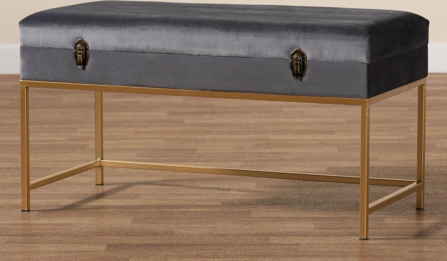 Wholesale Interiors Ottomans & Stools - Aliana Glame Grey Velvet Fabric Upholstered and Gold Finished Metal Large Storage Ottoman