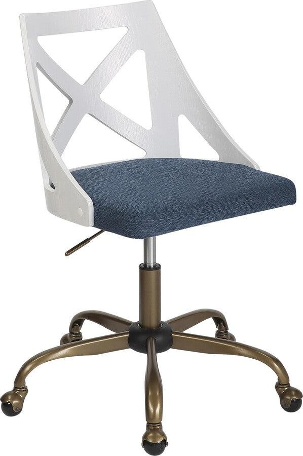 Lumisource Task Chairs - Charlotte Farmhouse Task Chair In Antique Copper Metal, White Textured Wood, & Blue Fabric
