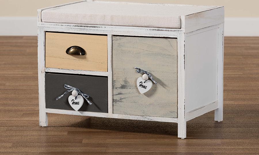 Wholesale Interiors Benches - Jacoby Modern Transitional Beige Fabric and Multi-Colored Wood 3-Drawer Storage Bench