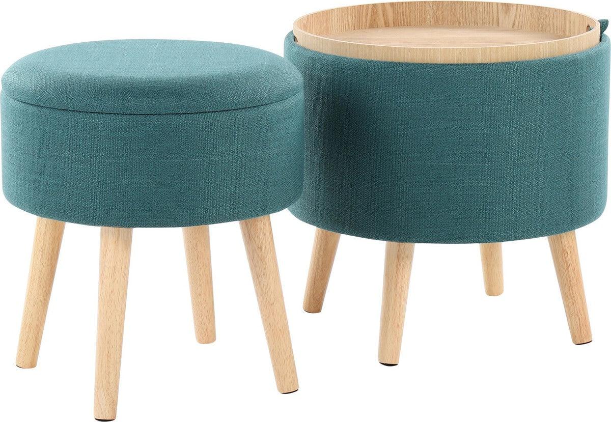 Lumisource Ottomans & Stools - Tray Contemporary Storage Ottoman With Matching Stool In Teal Fabric & Natural Wood Legs
