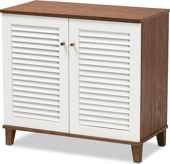 Wholesale Interiors Shoe Storage - Coolidge Contemporary White and Walnut Finished 4-Shelf Wood Shoe Storage Cabinet