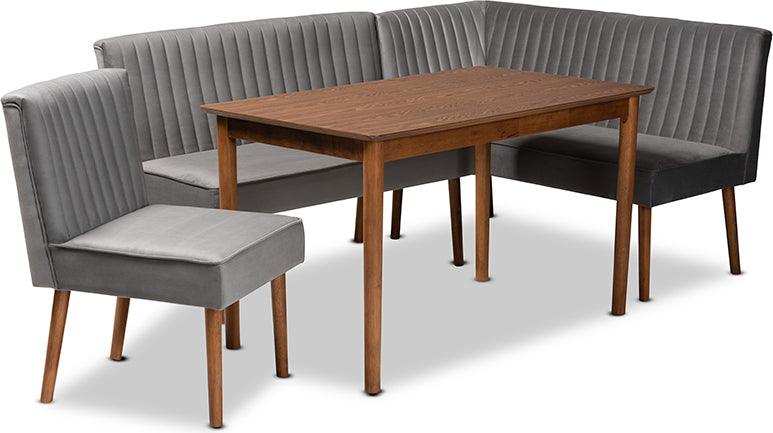 Wholesale Interiors Dining Sets - Alvis Modern Grey Velvet Upholstered and Walnut Brown Finished Wood 4-Piece Dining Nook Set