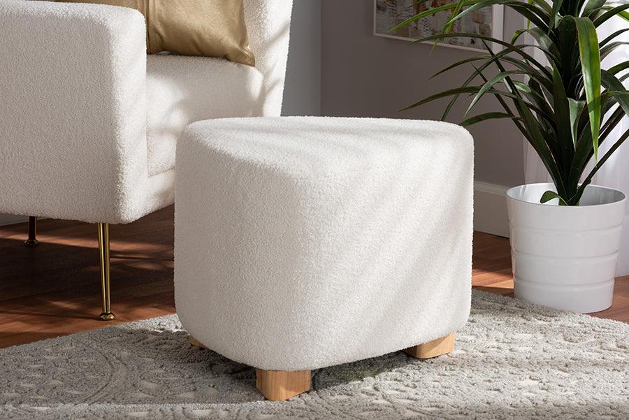 Wholesale Interiors Ottomans & Stools - Brielle Contemporary Ivory Boucle Upholstered and Natural Brown Finished Wood Ottoman