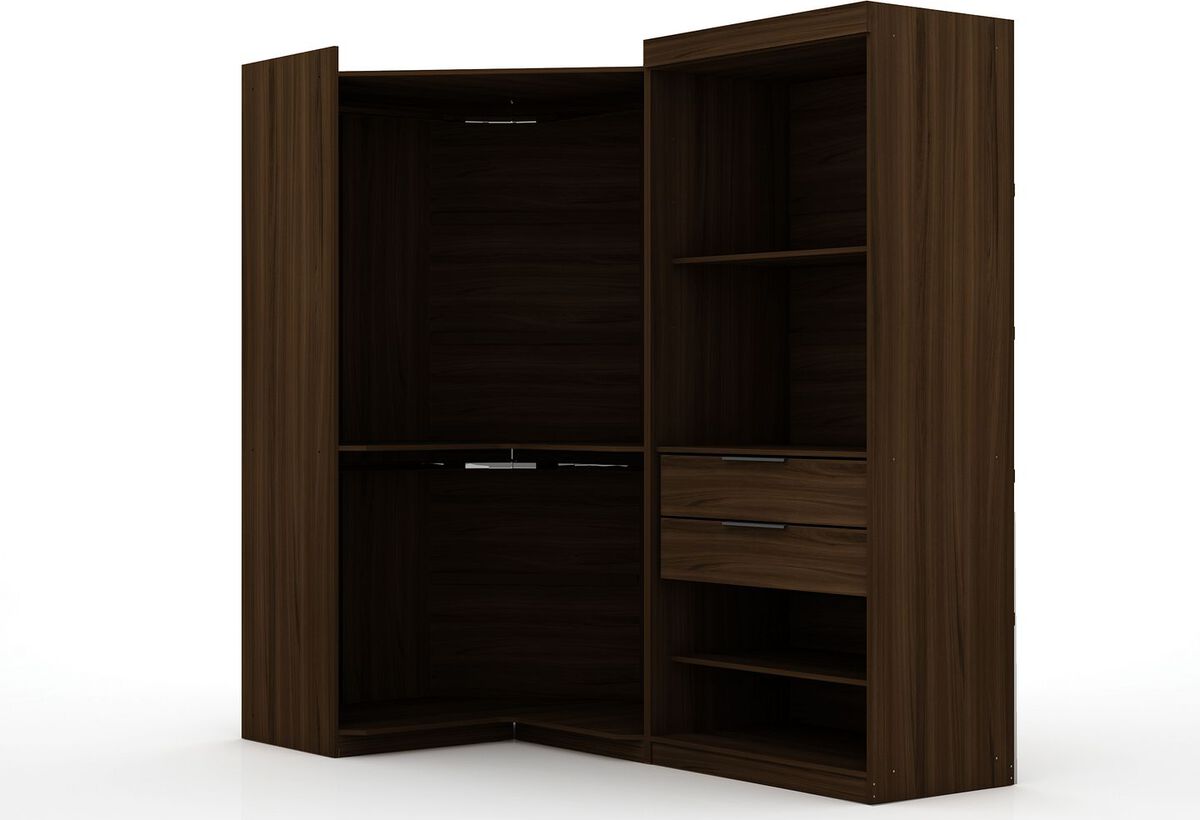 Manhattan Comfort Cabinets & Wardrobes - Mulberry Open 2 Sectional Modern Corner Wardrobe Closet with 2 Drawers- Set of 2 in Brown
