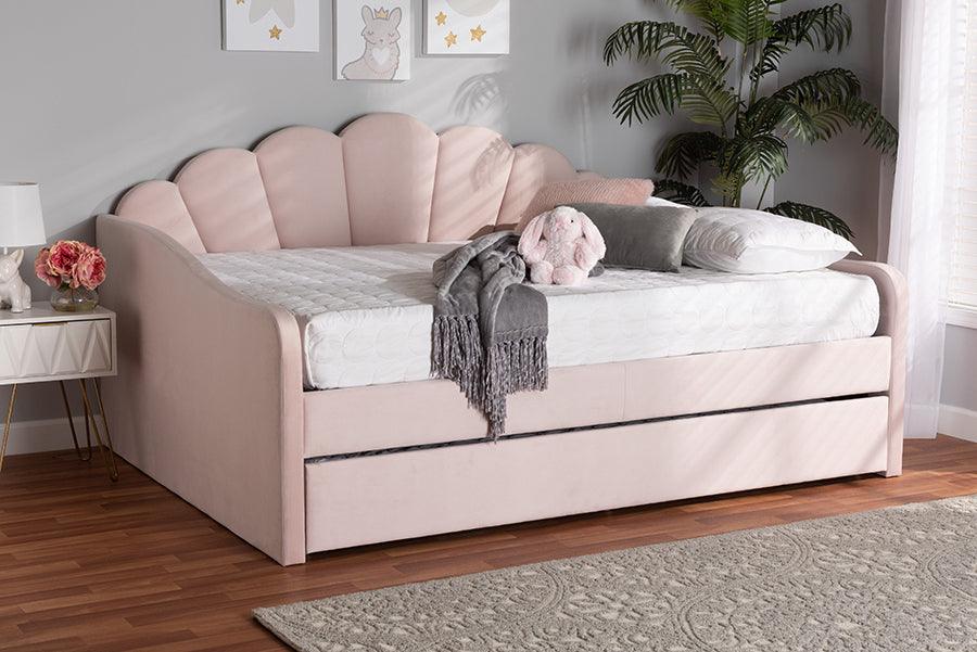 Wholesale Interiors Daybeds - Timila Light Pink Velvet Fabric Upholstered Queen Size Daybed with Trundle