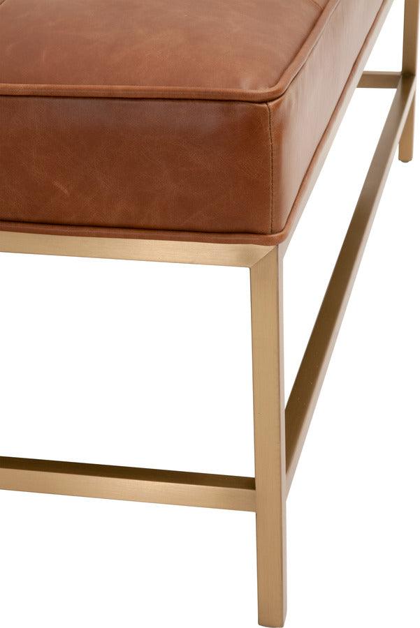 Essentials For Living Coffee Tables - Brule Upholstered Coffee Table Whiskey Brown Top Grain Leather, Brushed Brass