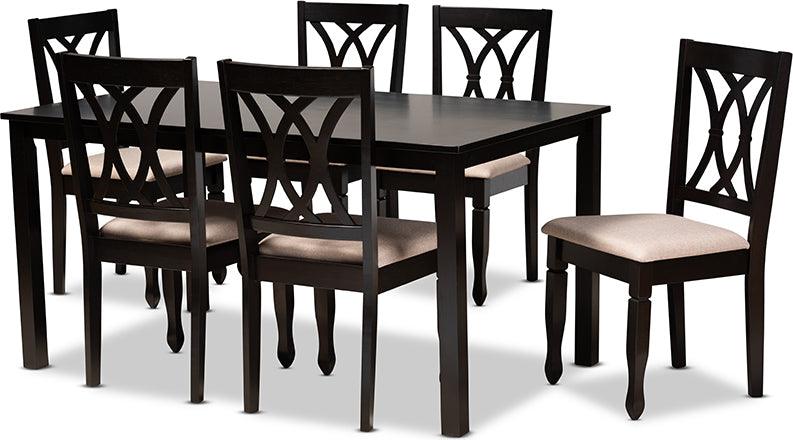 Wholesale Interiors Dining Sets - Reneau Sand Fabric Upholstered Espresso Brown Finished Wood 7-Piece Dining Set
