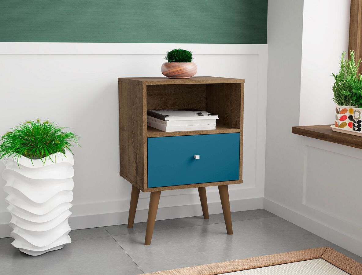 Manhattan Comfort Nightstands & Side Tables - Liberty Nightstand 1.0 in Rustic Brown and Aqua Blue