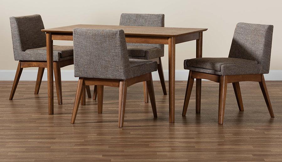 Wholesale Interiors Dining Sets - Nexus Mid-Century Modern Gravel Fabric and Walnut Brown Wood 5-Piece Dining Set