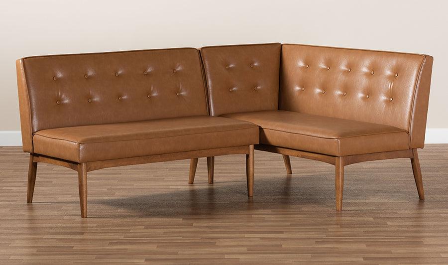 Wholesale Interiors Benches - Arvid Mid-Century Modern Tan Faux Leather and Brown 2-Piece Wood Dining Banquette Set