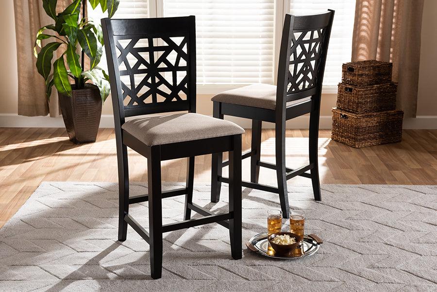 Wholesale Interiors Barstools - Devon Sand Fabric Upholstered And Espresso Brown Finished Wood 2-Piece Counter Height Pub Chair Set