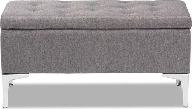 Wholesale Interiors Ottomans & Stools - Mabel Grey Fabric Upholstered and Silver Finished Metal Storage Ottoman