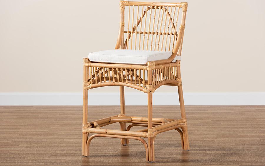 Wholesale Interiors Barstools - Rose Modern Bohemian White Fabric Upholstered and Natural Brown Rattan Counter Stool