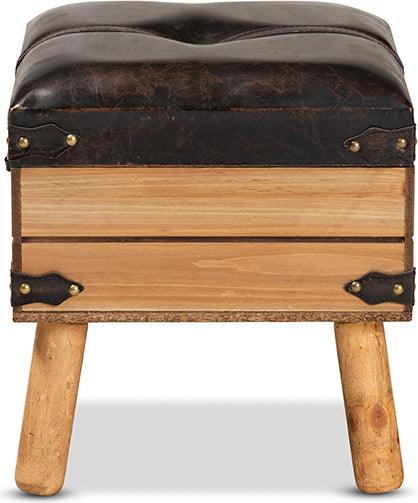 Wholesale Interiors Ottomans & Stools - Amena Rustic Dark Brown PU Leather Upholstered and Oak Finished Wood Small Storage Ottoman