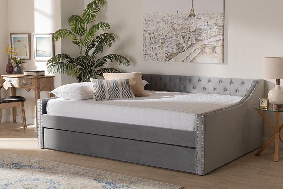 Wholesale Interiors Daybeds - Raphael Grey Velvet Fabric Upholstered Queen Size Daybed with Trundle