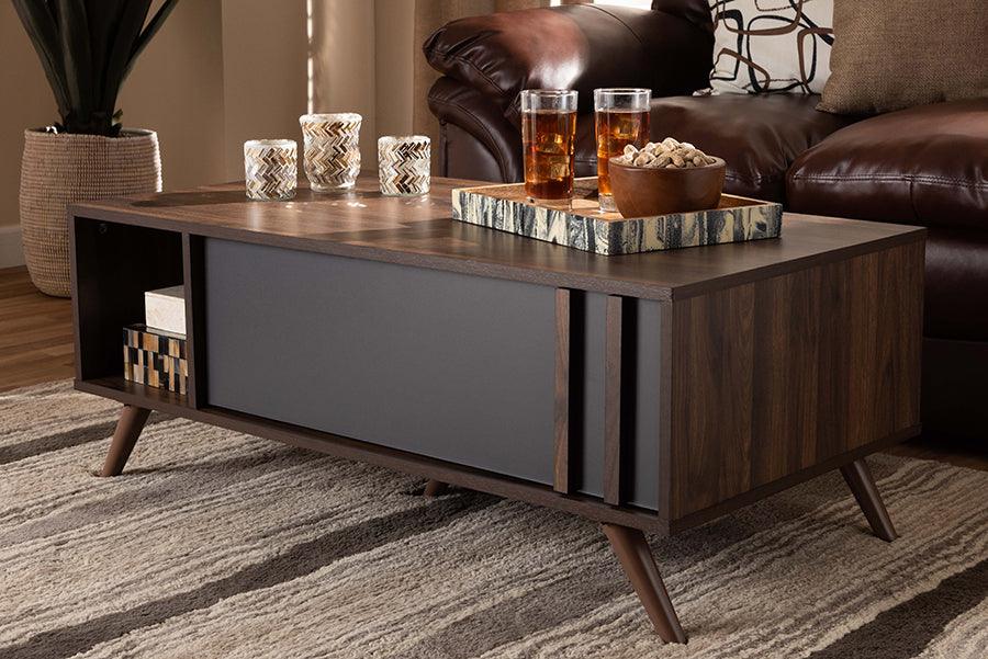 Wholesale Interiors Coffee Tables - Naoki Modern and Contemporary Two-Tone Grey and Walnut Wood 1-Drawer Coffee Table