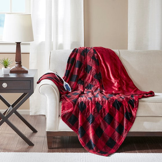 Olliix.com Heated Blankets - Oversized Heated Plush Throw Buffalo Check Red