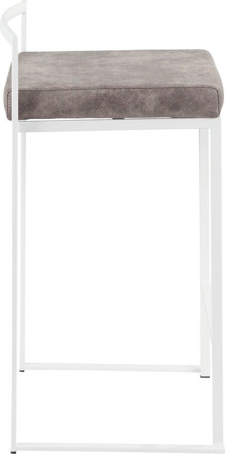 Lumisource Barstools - Fuji Contemporary Stackable Counter Stool in White with Stone Cowboy Fabric Cushion - Set of 2