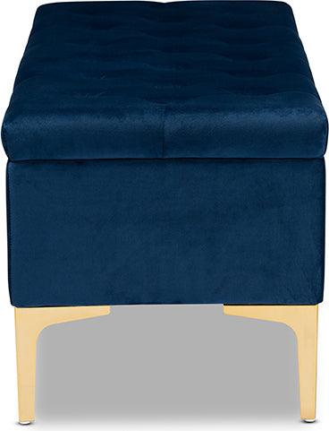 Wholesale Interiors Ottomans & Stools - Valere Navy Blue Velvet Fabric Upholstered Gold Finished Button Tufted Storage Ottoman