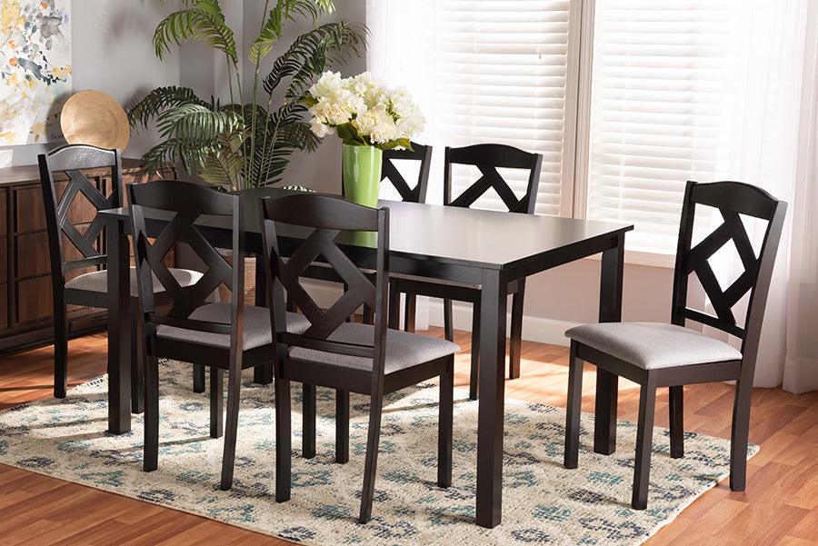 Wholesale Interiors Dining Sets - Ruth Modern Grey Fabric Upholstered and Dark Brown Finished Wood 7-Piece Dining Set