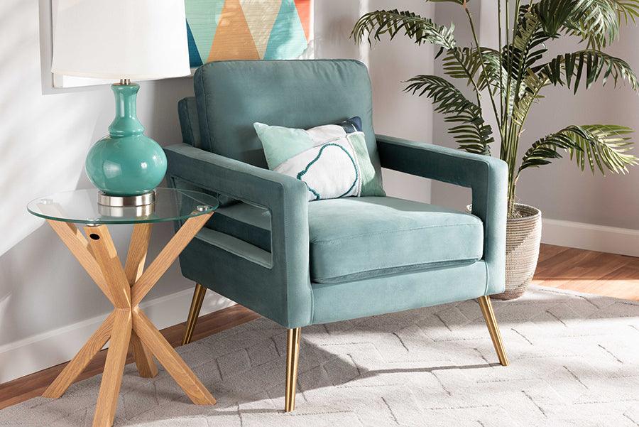 Wholesale Interiors Accent Chairs - Leland Glam and Luxe Light Blue Velvet Fabric Upholstered and Gold Finished Armchair